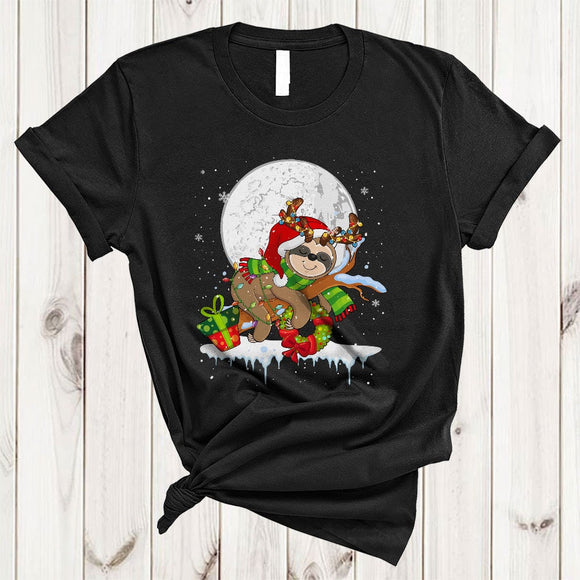 MacnyStore - Santa Reindeer Sloth Snow Around, Cool Joyful Christmas Moon, Matching X-mas Animal Lover T-Shirt