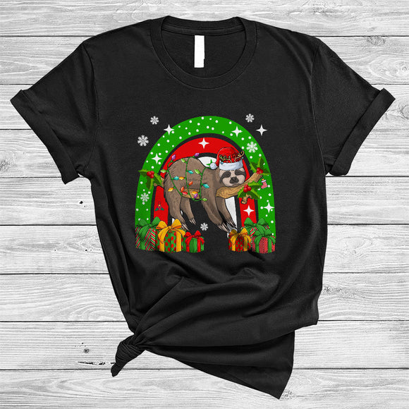 MacnyStore - Santa Reindeer Sloth With Rainbow, Adorable Christmas Sloth, X-mas Lights Animal Lover T-Shirt