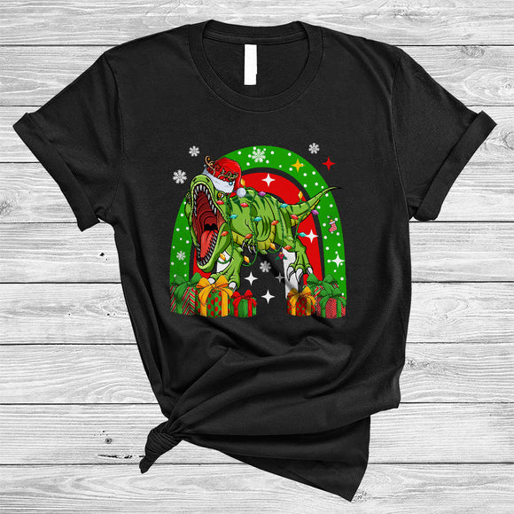 MacnyStore - Santa Reindeer T-Rex With Rainbow, Adorable Christmas T-Rex, X-mas Lights Animal Lover T-Shirt