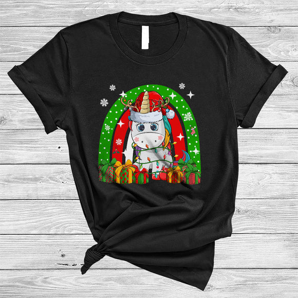 MacnyStore - Santa Reindeer Unicorn With Rainbow, Adorable Christmas Unicorn, X-mas Lights Animal Lover T-Shirt