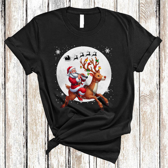 MacnyStore - Santa Riding Reindeer Playing Clarinet, Joyful Funny Christmas Musical Instruments, X-mas Family T-Shirt