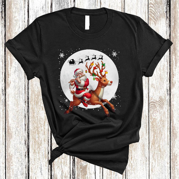 MacnyStore - Santa Riding Reindeer Playing Flute, Joyful Funny Christmas Musical Instruments, X-mas Family T-Shirt