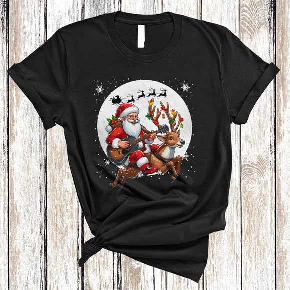 MacnyStore - Santa Riding Reindeer Playing Guitar, Joyful Funny Christmas Musical Instruments, X-mas Family T-Shirt
