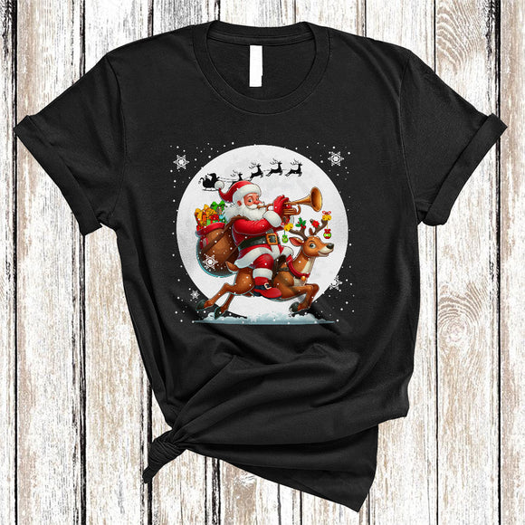 MacnyStore - Santa Riding Reindeer Playing Trumpet, Joyful Funny Christmas Musical Instruments, X-mas Family T-Shirt