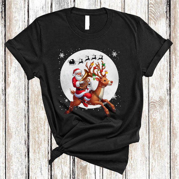 MacnyStore - Santa Riding Reindeer Playing Tuba, Joyful Funny Christmas Musical Instruments, X-mas Family T-Shirt