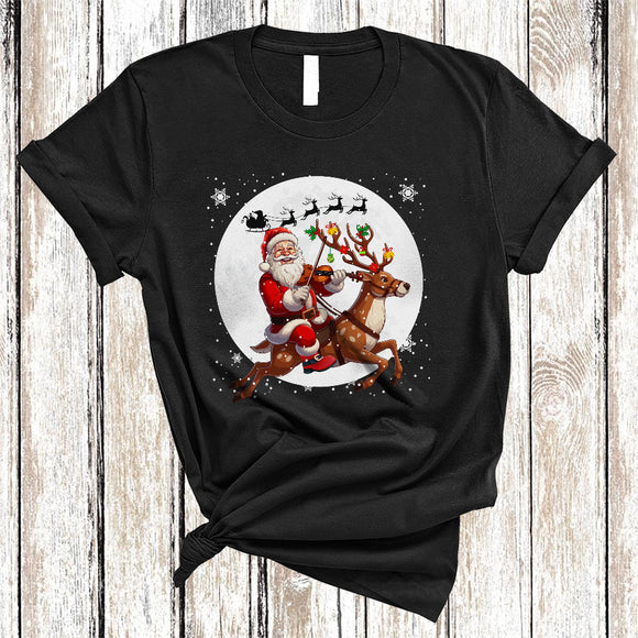 MacnyStore - Santa Riding Reindeer Playing Violin, Joyful Funny Christmas Musical Instruments, X-mas Family T-Shirt