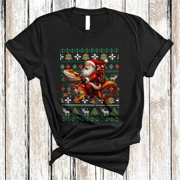 MacnyStore - Santa Riding Bearded Dragon, Cheerful Funny Christmas Lights Santa, X-mas Sweater Animal T-Shirt