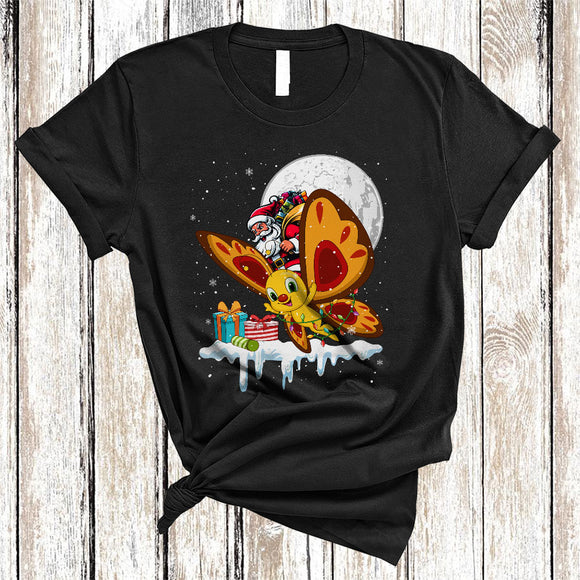 MacnyStore - Santa Riding Butterfly Reindeer, Humorous Christmas Santa Butterfly, X-mas Lights Animal Lover T-Shirt