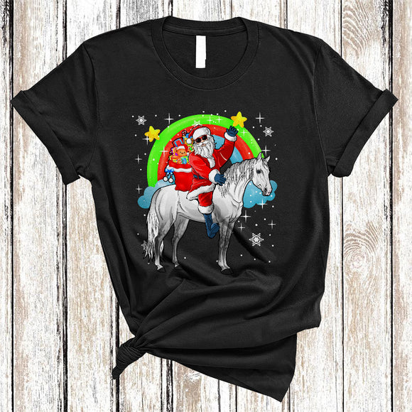 MacnyStore - Santa Riding Cute Horse, Funny Christmas Santa Package Rainbow, X-mas Farmer Animal T-Shirt