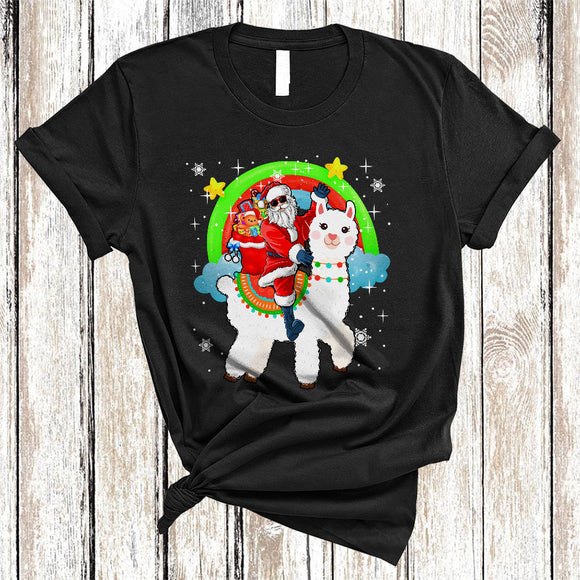 MacnyStore - Santa Riding Cute Llama, Funny Christmas Santa Package Rainbow, X-mas Farmer Animal T-Shirt