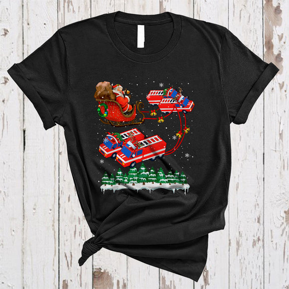 MacnyStore - Santa Riding Fire Truck Reindeer Sleigh, Joyful Christmas Santa Fire Truck, X-mas Tree Santa Snow Around T-Shirt