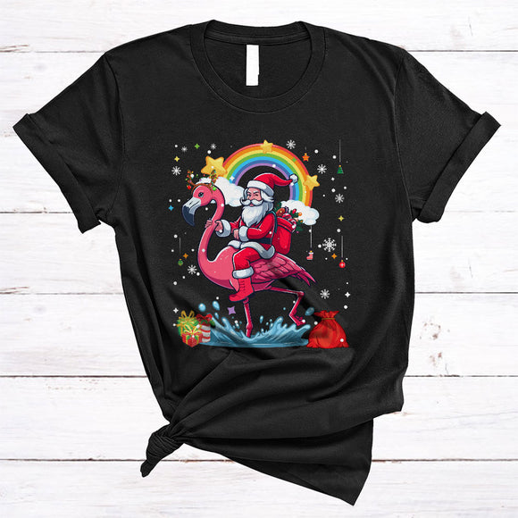 MacnyStore - Santa Riding Flamingo Rainbow, Amazing Christmas Santa With Bag, Flamingo Lover X-mas T-Shirt