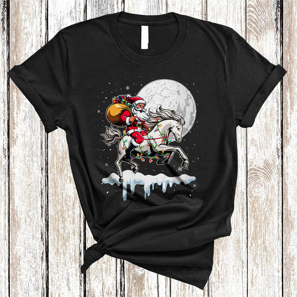 MacnyStore - Santa Riding Horse Reindeer, Humorous Christmas Santa Horse, X-mas Lights Animal Lover T-Shirt