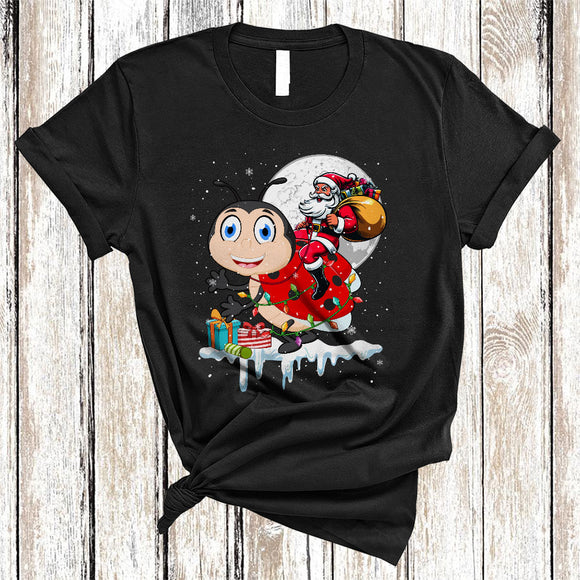MacnyStore - Santa Riding Ladybug Reindeer, Humorous Christmas Santa Ladybug, X-mas Lights Animal Lover T-Shirt