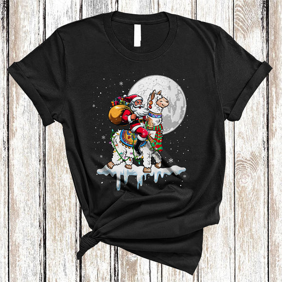 MacnyStore - Santa Riding Llama Reindeer, Humorous Christmas Santa Llama, X-mas Lights Animal Lover T-Shirt