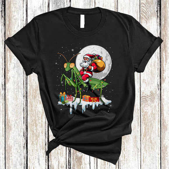 MacnyStore - Santa Riding Mantis Reindeer, Humorous Christmas Santa Mantis, X-mas Lights Animal Lover T-Shirt
