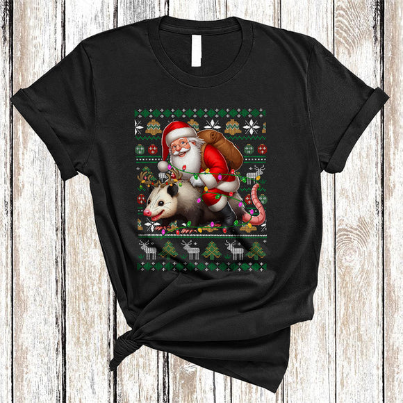 MacnyStore - Santa Riding Opossum, Cheerful Funny Christmas Lights Santa, X-mas Sweater Animal Lover T-Shirt