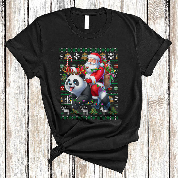 MacnyStore - Santa Riding Panda, Cheerful Funny Christmas Lights Santa, X-mas Sweater Animal Lover T-Shirt