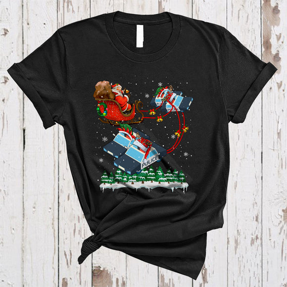 MacnyStore - Santa Riding Police Reindeer Sleigh, Joyful Christmas Santa Police, X-mas Tree Santa Snow Around T-Shirt