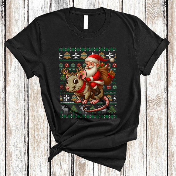 MacnyStore - Santa Riding Rat, Cheerful Funny Christmas Lights Santa, X-mas Sweater Animal Lover T-Shirt