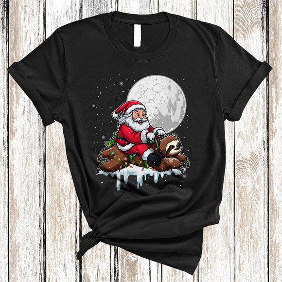 MacnyStore - Santa Riding Sloth Reindeer, Humorous Christmas Santa Sloth, X-mas Lights Animal Lover T-Shirt
