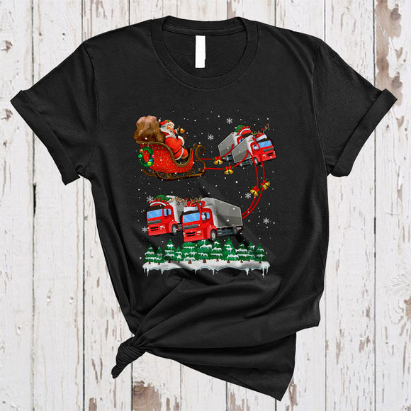 MacnyStore - Santa Riding Trucker Reindeer Sleigh, Joyful Christmas Santa Trucker, X-mas Tree Santa Snow Around T-Shirt