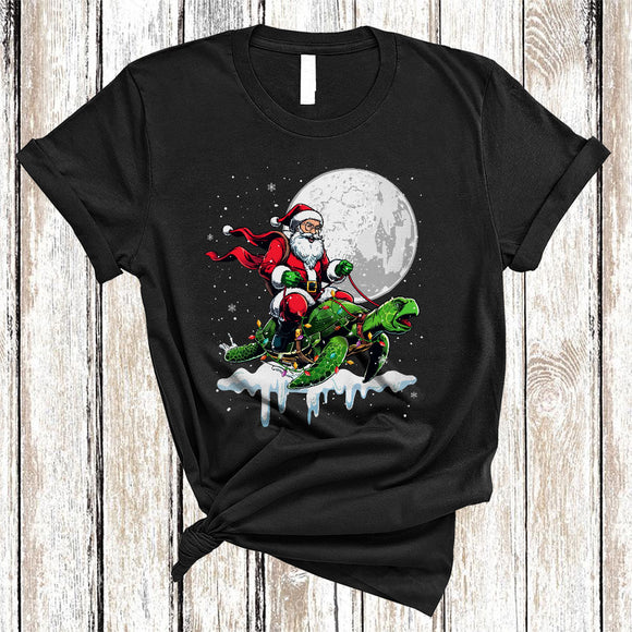 MacnyStore - Santa Riding Turtle Reindeer, Humorous Christmas Santa Turtle, X-mas Lights Animal Lover T-Shirt