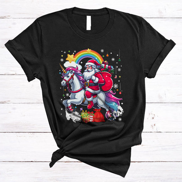 MacnyStore - Santa Riding Unicorn Rainbow, Amazing Christmas Santa With Bag, Unicorn Lover X-mas T-Shirt