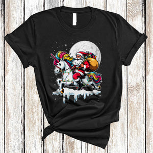 MacnyStore - Santa Riding Unicorn Reindeer, Humorous Christmas Santa Unicorn, X-mas Lights Animal Lover T-Shirt