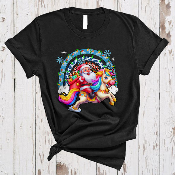 MacnyStore - Santa Riding Unicorn, Lovely Cool Christmas Lights Unicorn Lover, Rainbow X-mas Family Group T-Shirt