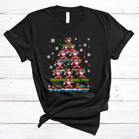 MacnyStore - Santa Running Christmas Tree, Joyful Cute X-mas Lights Tree Pajamas, Snow Around Family Group T-Shirt