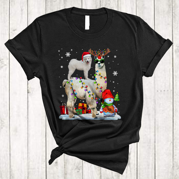 MacnyStore - Santa Samoyed Riding Reindeer ELF Llama Merry Cool Christmas Lights Llama Dog Xmas T-Shirt