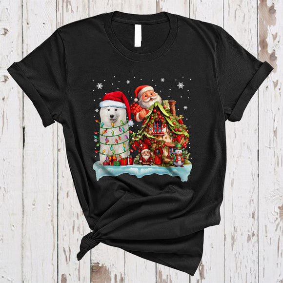 MacnyStore - Santa Samoyed With Santa Gnome Xmas House Happy Merry Christmas Snow Lights Dog T-Shirt