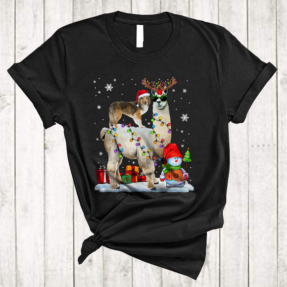 MacnyStore - Santa Sheltie Riding Reindeer ELF Llama Merry Cool Christmas Lights Llama Dog Xmas T-Shirt