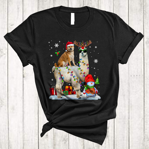 MacnyStore - Santa Shiba Inu Riding Reindeer ELF Llama Merry Cool Christmas Lights Llama Dog Xmas T-Shirt