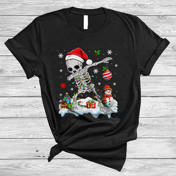 MacnyStore - Santa Skeleton Dabbing Snow Around, Joyful Christmas Lights Skeleton, X-mas Snowman Family T-Shirt