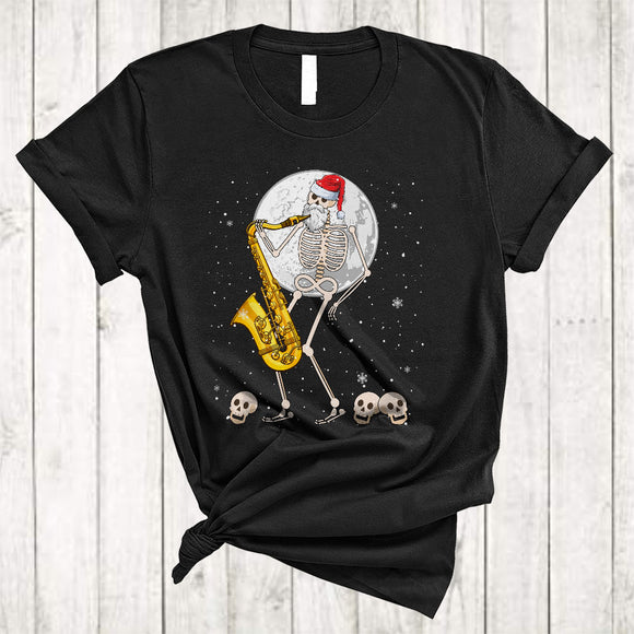 MacnyStore - Santa Skeleton Playing Saxophone Snow Around, Amazing Cool Christmas Musical Instruments Player T-Shirt