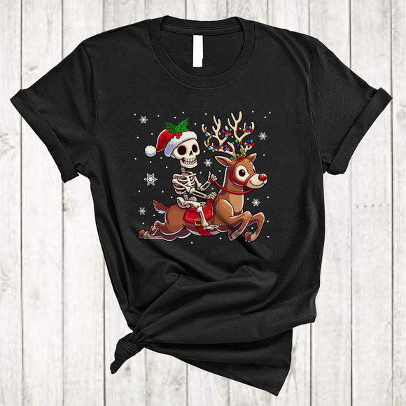MacnyStore - Santa Skeleton Riding As Reindeer, Adorable Christmas Lights Animal, X-mas Skeleton Lover T-Shirt