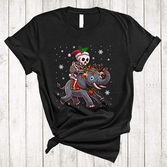 MacnyStore - Santa Skeleton Riding Elephant As Reindeer, Adorable Christmas Lights Animal, X-mas Skeleton T-Shirt