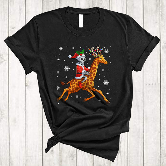 MacnyStore - Santa Skeleton Riding Giraffe As Reindeer, Adorable Christmas Lights Animal, X-mas Skeleton T-Shirt
