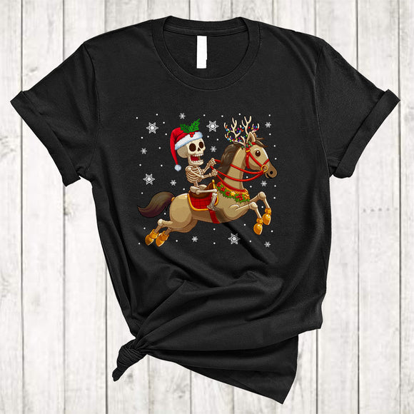 MacnyStore - Santa Skeleton Riding Horse As Reindeer, Adorable Christmas Lights Animal, X-mas Skeleton T-Shirt