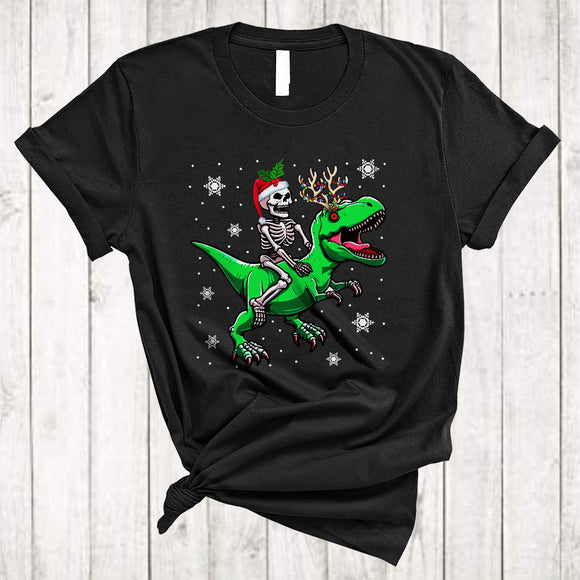 MacnyStore - Santa Skeleton Riding T-Rex As Reindeer, Adorable Christmas Lights Animal, X-mas Skeleton T-Shirt