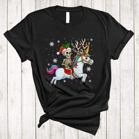 MacnyStore - Santa Skeleton Riding Unicorn As Reindeer, Adorable Christmas Lights Animal, X-mas Skeleton T-Shirt