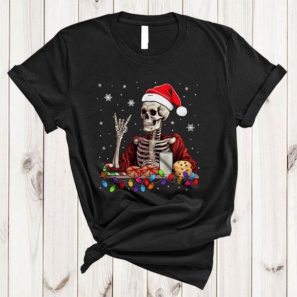 MacnyStore - Santa Skeleton With Cookie Milk X-mas Lights, Scary Christmas Skeleton, Snow Around Family Group T-Shirt
