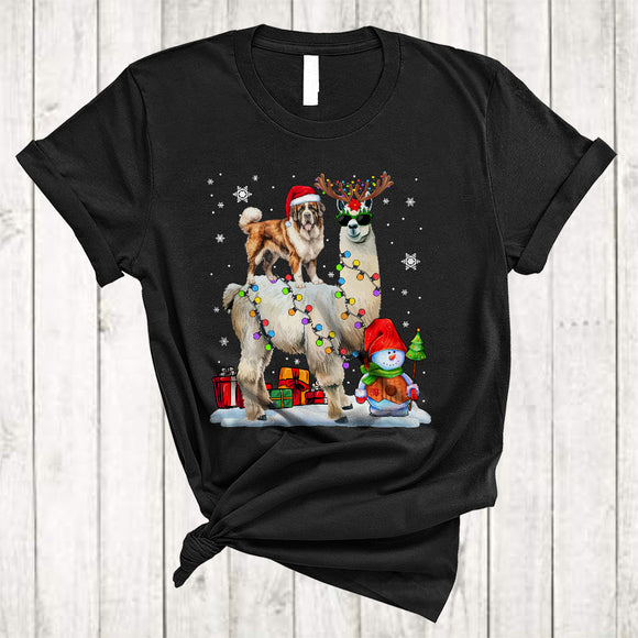 MacnyStore - Santa St. Bernard Riding Reindeer ELF Llama Merry Cool Christmas Lights Llama Dog Xmas T-Shirt