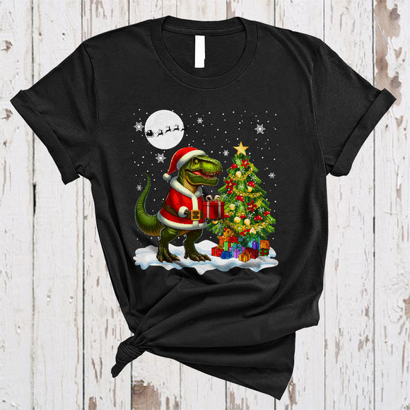 MacnyStore - Santa T-Rex And Christmas Tree, Cute T-Rex Making X-mas Tree, Dinosaur Snow Around T-Shirt