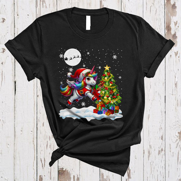 MacnyStore - Santa Unicorn And Christmas Tree, Cute Unicorn Making X-mas Tree, Unicorn Snow Around T-Shirt