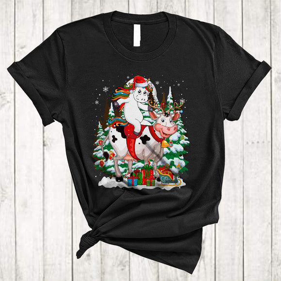 MacnyStore - Santa Unicorn Riding Cow Reindeer, Amazing Christmas Tree Cow, Farmer X-mas Snow Around T-Shirt