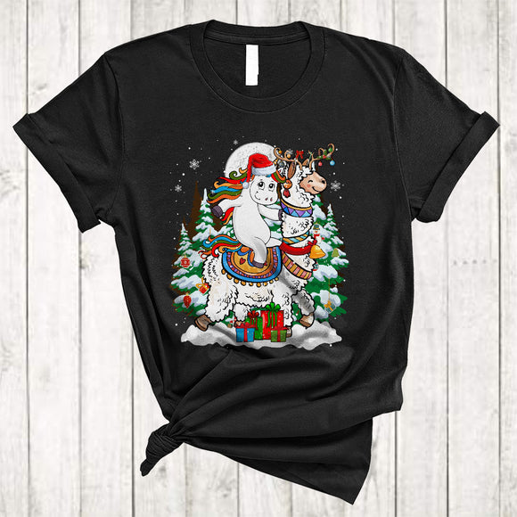 MacnyStore - Santa Unicorn Riding Llama Reindeer, Amazing Christmas Tree Llama, Farmer X-mas Snow Around T-Shirt
