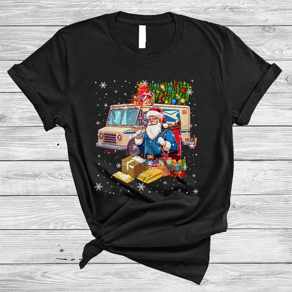 MacnyStore - Santa With Mail Truck, Joyful Christmas Santa Mailman Postal Worker, X-mas Snow Around T-Shirt
